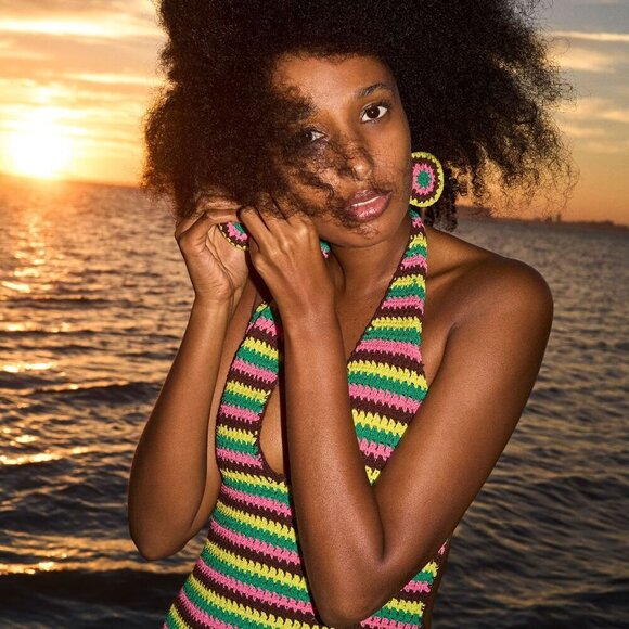 Frame x Julia Sarr Jamois Pink Green Striped Crochet‎ Halter Mini Dress Size M - Picture 11 of 11